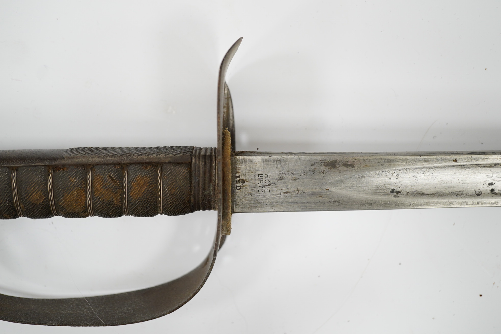 A mid-19th century British infantry sword, by Mole, Birmingham, marked I.S.D., in its leather scabbard with iron chape. Condition - poor, surface rust and knuckle guard significantly cut down.